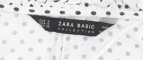 Zara Women’s White Polka Dot Cropped Blouse Size S Cotton Linen