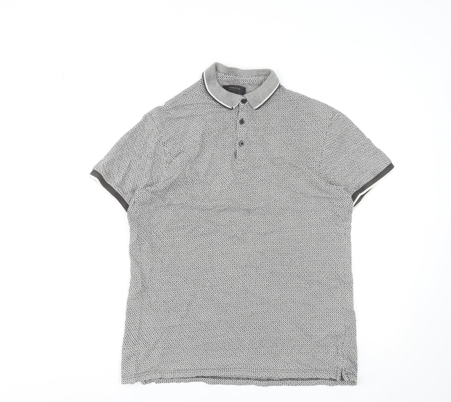River Island Men's Grey Geometric Pattern Polo Shirt Size M