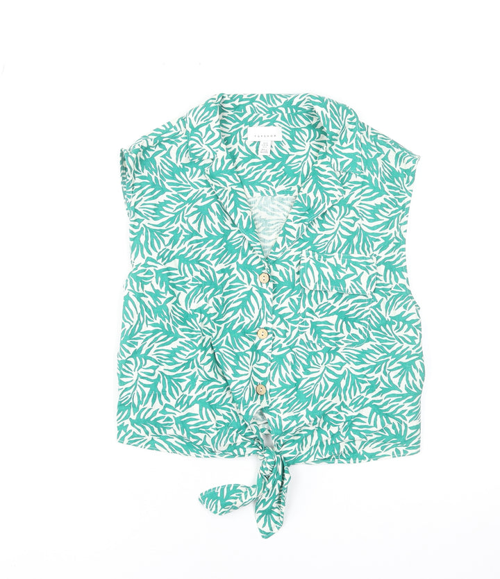 Topshop Women's Green Tropical Linen Blend Cropped Blouse UK 10
