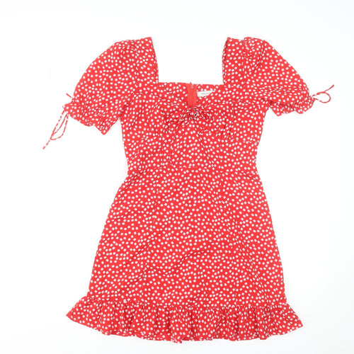 Vera & Lucy Women's Red Floral Mini Dress Size M Puff Sleeve Ruffle Hem