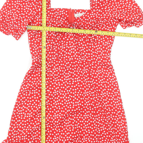 Vera & Lucy Women's Red Floral Mini Dress Size M Puff Sleeve Ruffle Hem