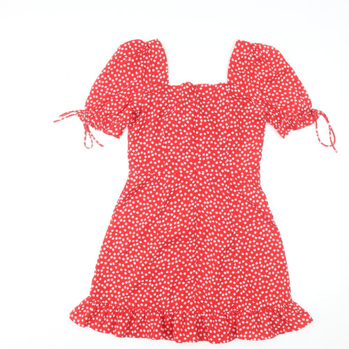 Vera & Lucy Women's Red Floral Mini Dress Size M Puff Sleeve Ruffle Hem