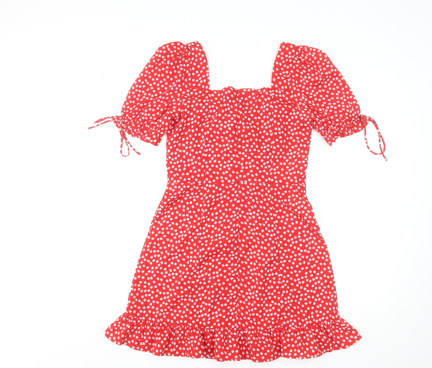 Vera & Lucy Women's Red Floral Mini Dress Size M Puff Sleeve Ruffle Hem