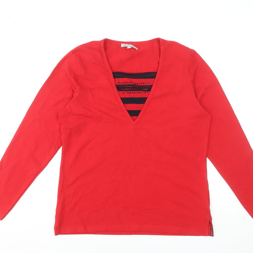 Hajo Women's Red Long Sleeve V-Neck Stretch Cotton T-Shirt Size 12