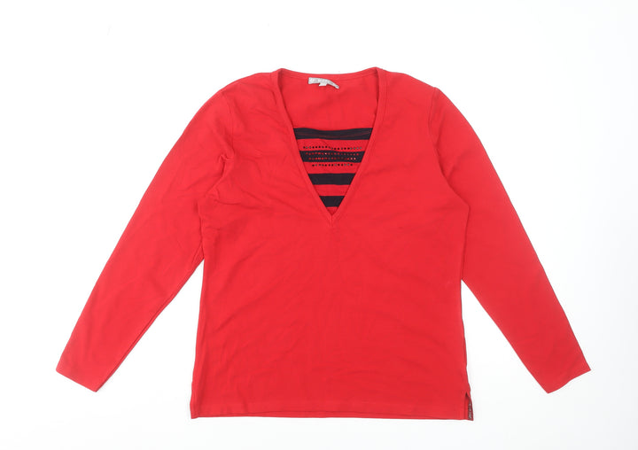 Hajo Women's Red Long Sleeve V-Neck Stretch Cotton T-Shirt Size 12