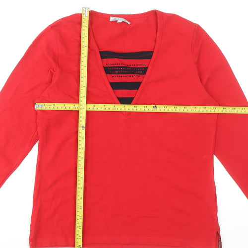 Hajo Women's Red Long Sleeve V-Neck Stretch Cotton T-Shirt Size 12