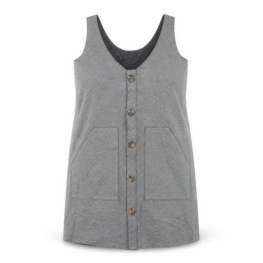 Front view of Next Women Grey Petite, size 14, Pinafore Button Work Dress