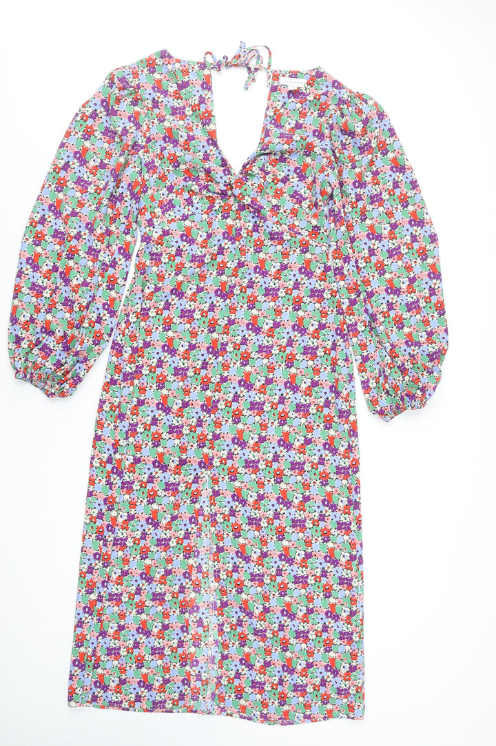 Topshop Women’s Multicoloured Floral Fit & Flare V-Neck Dress Size 10