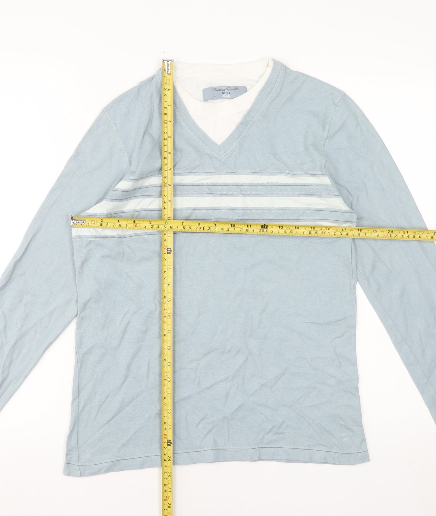 NEXT Men's Blue Striped Long Sleeve V-Neck Cotton T-Shirt Size S