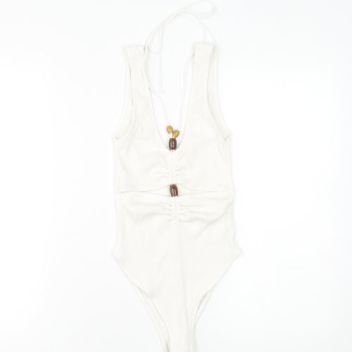 Zara Women’s Ivory Halter Ruched Ribbed Bodysuit Size S