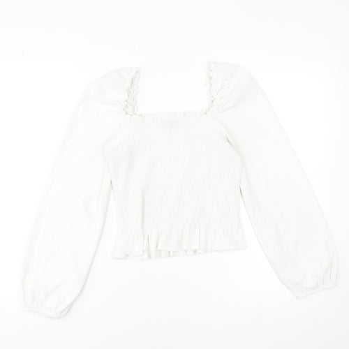 New Look Womens White Square Neck Ruffle Long Sleeve Blouse Size 10