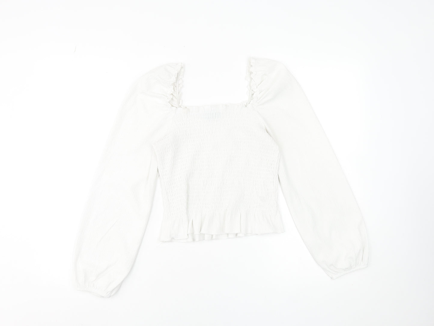 New Look Womens White Square Neck Ruffle Long Sleeve Blouse Size 10