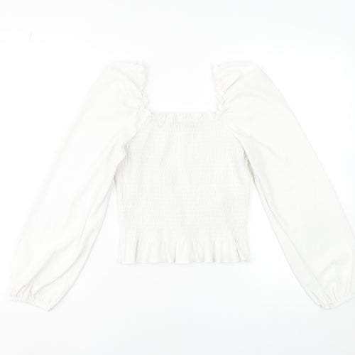 New Look Womens White Square Neck Ruffle Long Sleeve Blouse Size 10
