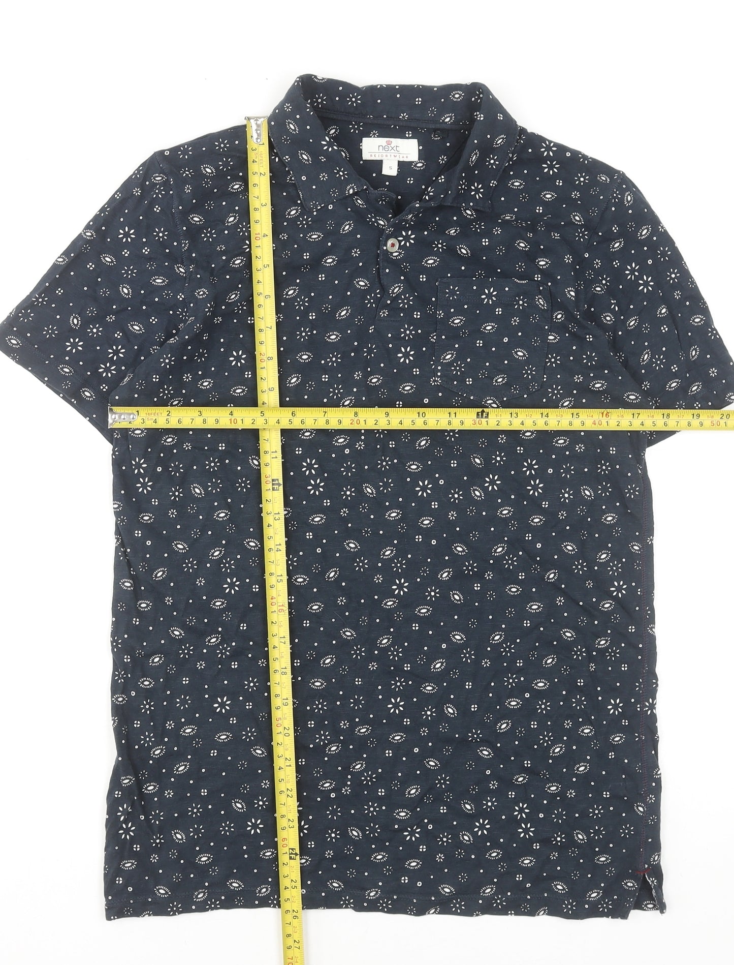 Next Men's Blue Floral Cotton Short Sleeve Polo Shirt Size S