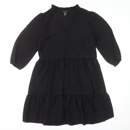 New Look Women Black Size 8 Short Smock Dress 3/4 Sleeve V-Neck
