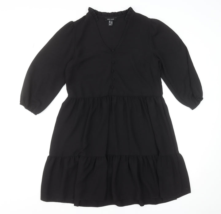 New Look Women Black Size 8 Short Smock Dress 3/4 Sleeve V-Neck