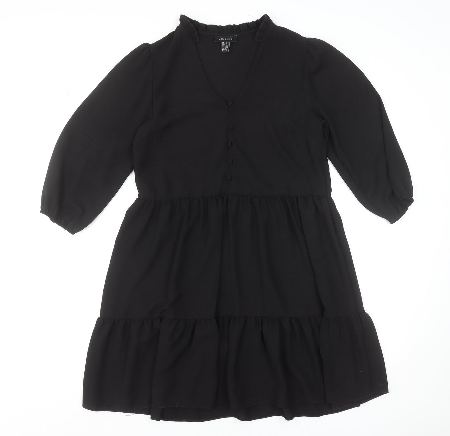 New Look Women Black Size 8 Short Smock Dress 3/4 Sleeve V-Neck