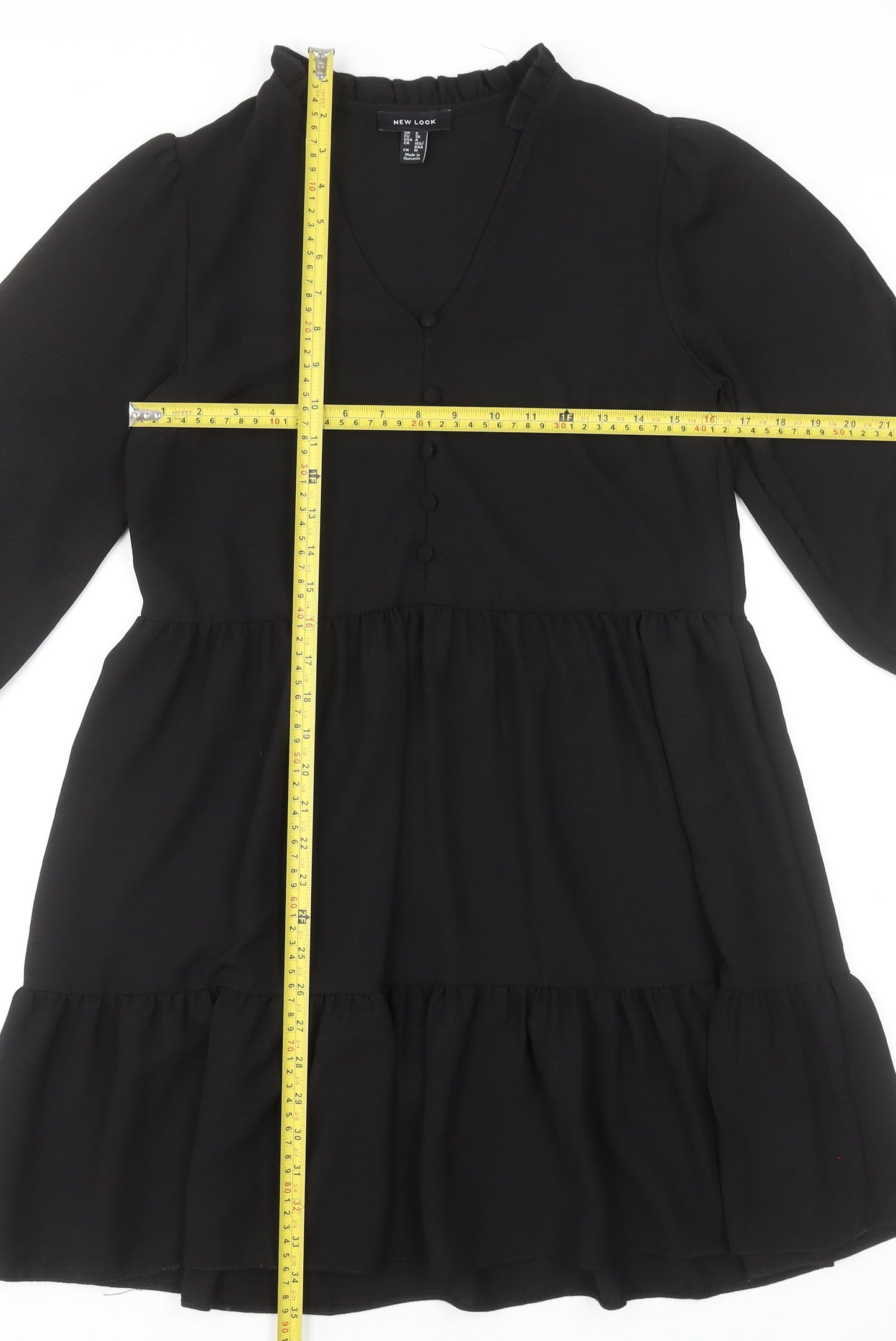 New Look Women Black Size 8 Short Smock Dress 3/4 Sleeve V-Neck