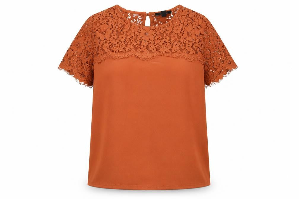 New Look Women's Brown Lace Short Sleeve Tunic Blouse Size 10