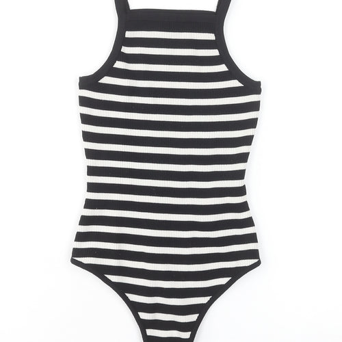 Bershka Women's Black Striped Ribbed Bodysuit Size S