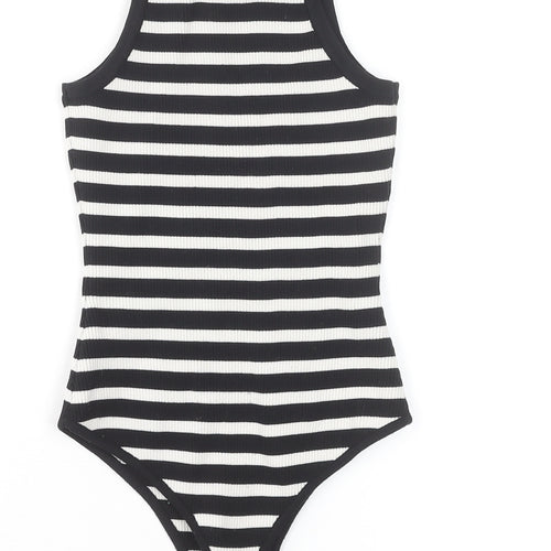 Bershka Women's Black Striped Ribbed Bodysuit Size S
