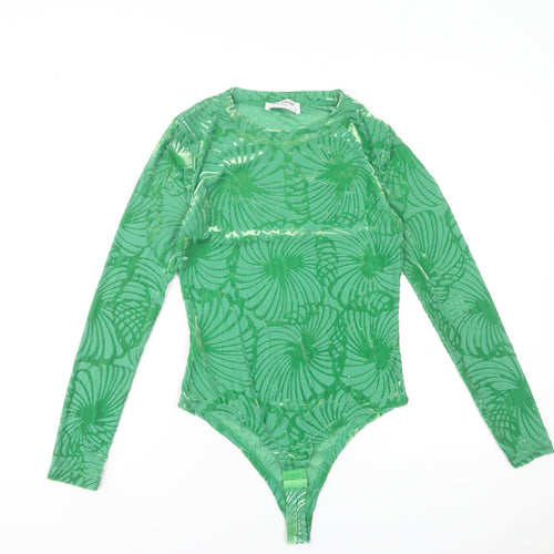 By Swan Paris Green Long Sleeve Bodysuit Women's Size M Floral Mesh Jumpsuit