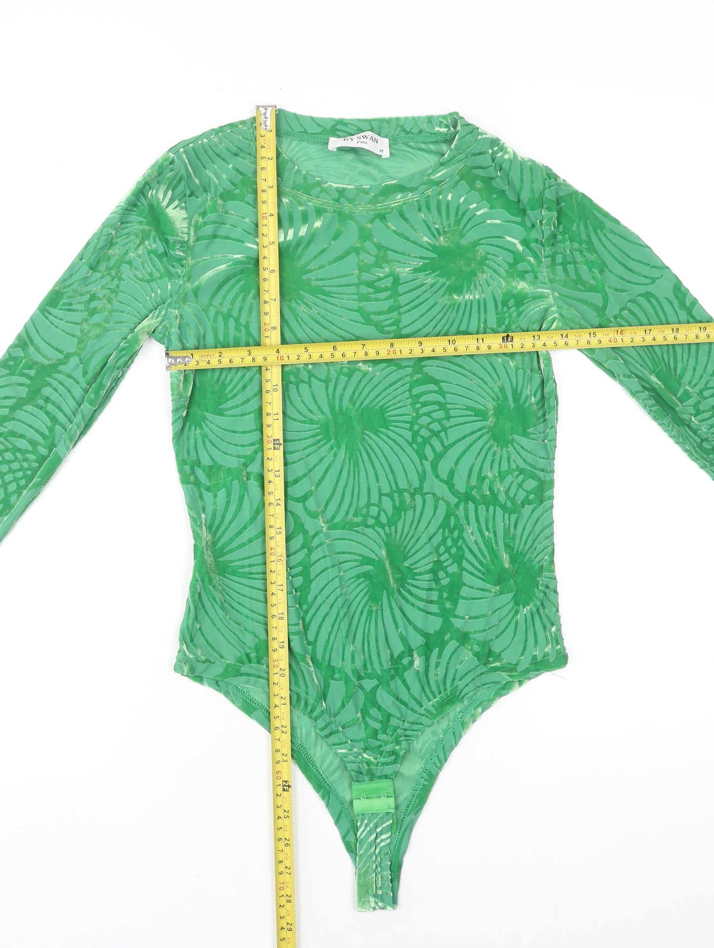 By Swan Paris Green Long Sleeve Bodysuit Women's Size M Floral Mesh Jumpsuit