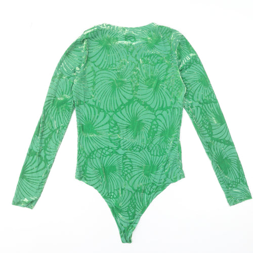 By Swan Paris Green Long Sleeve Bodysuit Women's Size M Floral Mesh Jumpsuit