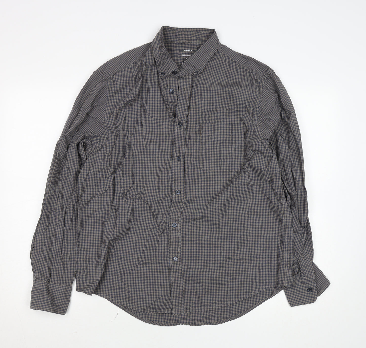 Dunnes Stores Men's Brown Check Long Sleeve Cotton Button-Up Shirt L Regular Fit
