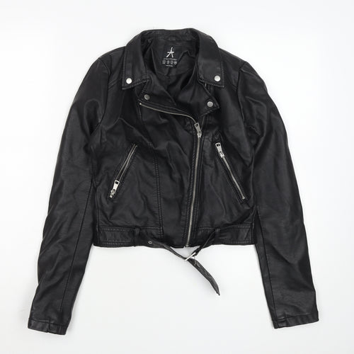 Atmosphere Women Black Faux Leather Biker Jacket Size 4 Belted Zip