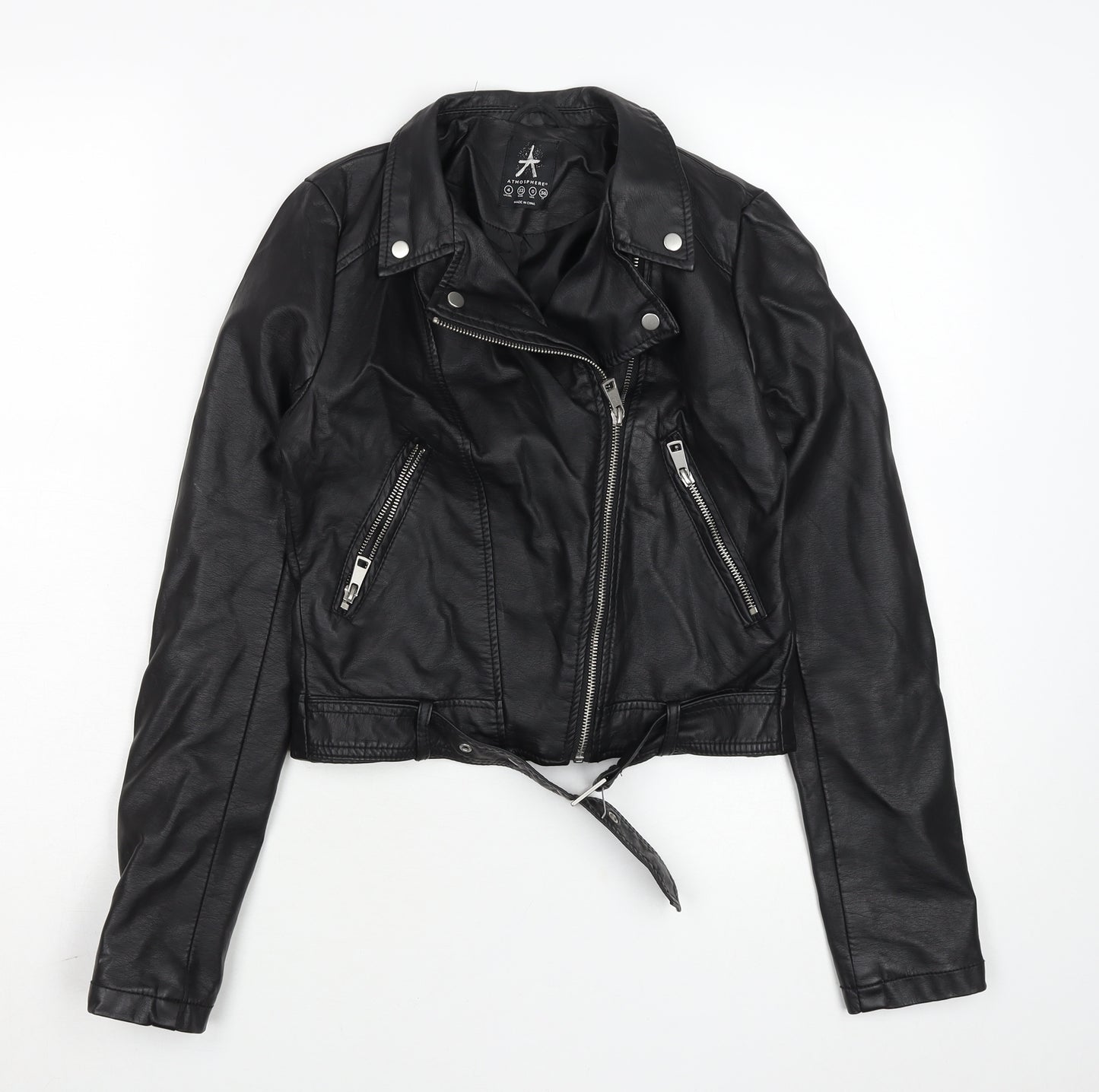 Atmosphere Women Black Faux Leather Biker Jacket Size 4 Belted Zip
