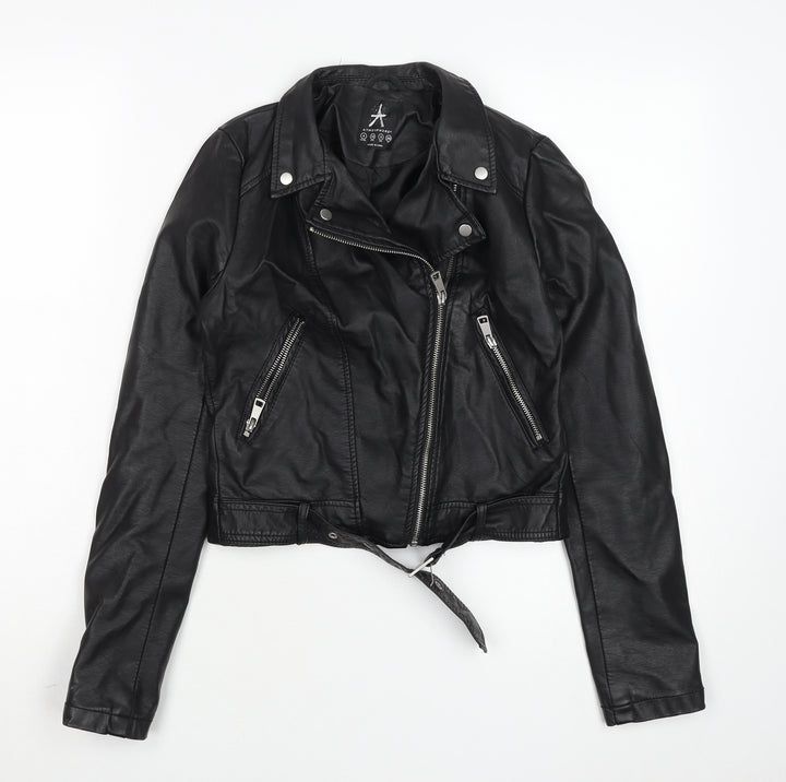 Atmosphere Women Black Faux Leather Biker Jacket Size 4 Belted Zip