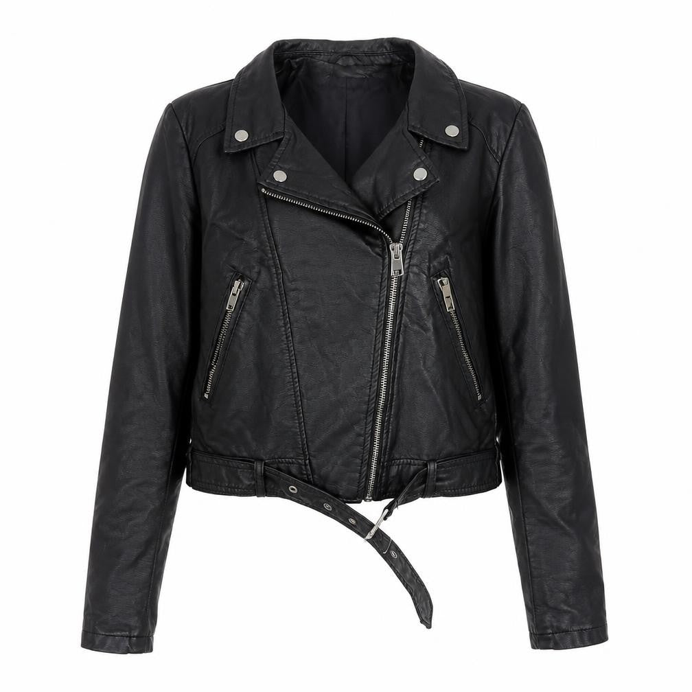 Front view of Atmosphere Women Black Faux Leather Biker Jacket, size 4, Belted Zip