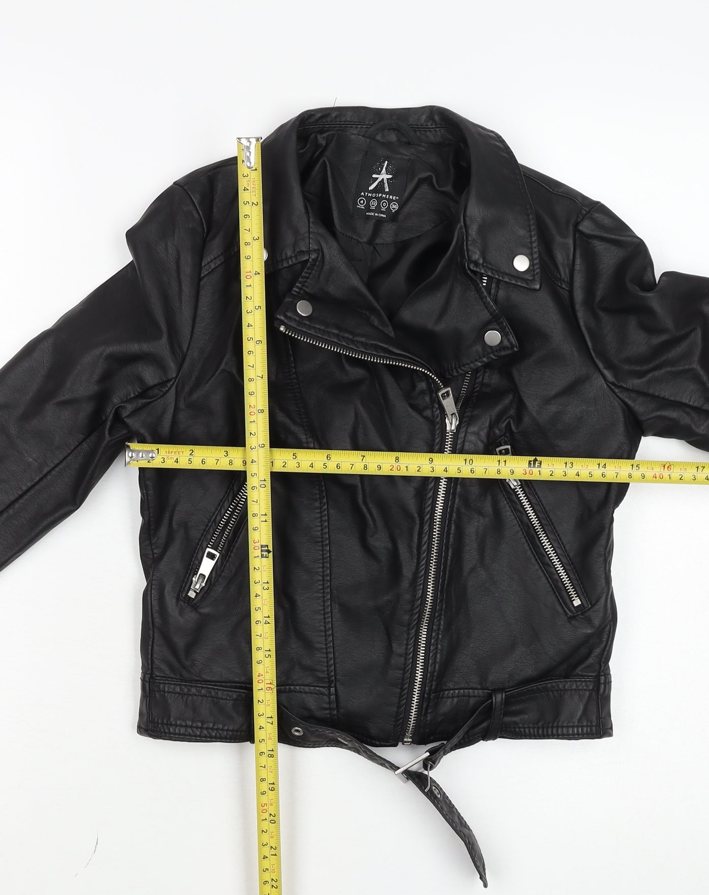 Atmosphere Women Black Faux Leather Biker Jacket Size 4 Belted Zip