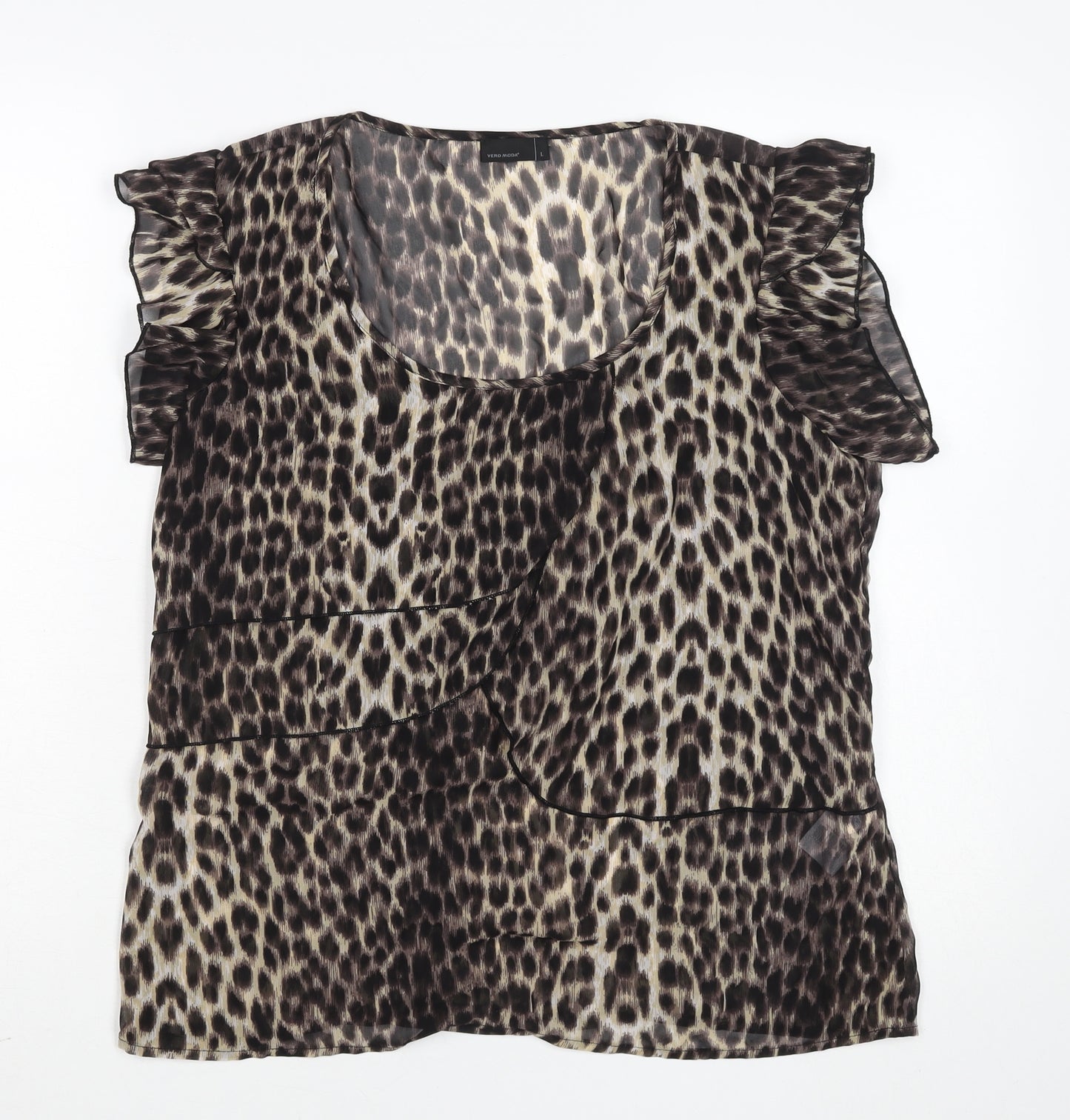 Vero Moda Women's Brown Animal Print Ruffle Chiffon Blouse Size L