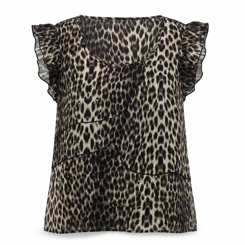 Front view of Vero Moda Women's Brown Animal Print Ruffle Chiffon Blouse, size L