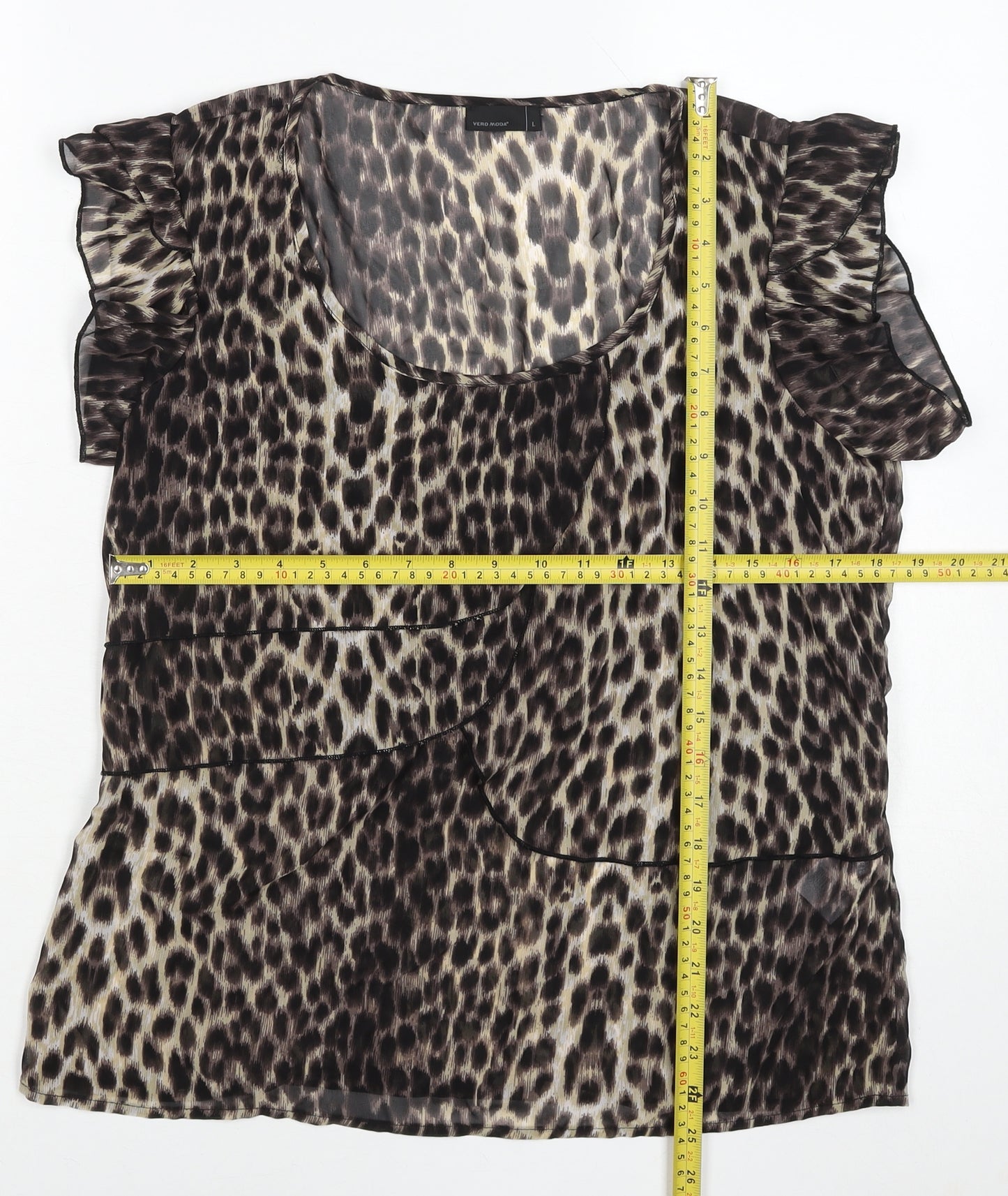 Vero Moda Women's Brown Animal Print Ruffle Chiffon Blouse Size L