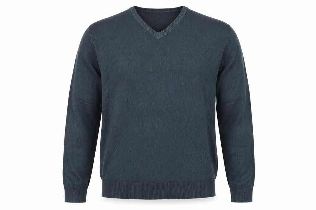 Front view of Marks & Spencer men’s blue acrylic v-neck jumper, size L
