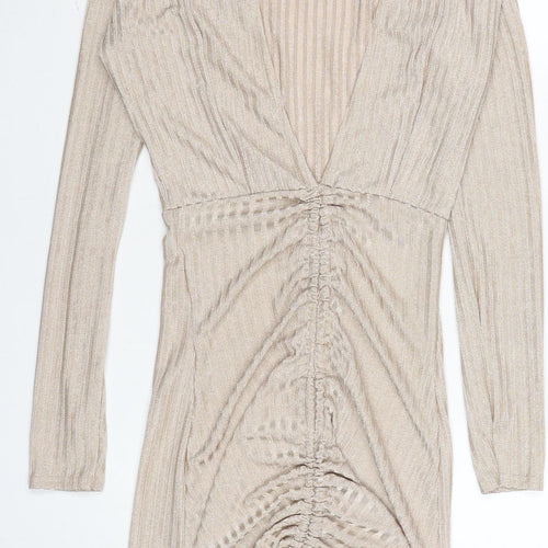 PrettyLittleThing Women’s Beige Ruched Bodycon Long Sleeve Dress Size 8
