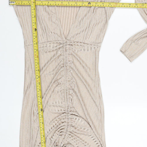 PrettyLittleThing Women’s Beige Ruched Bodycon Long Sleeve Dress Size 8