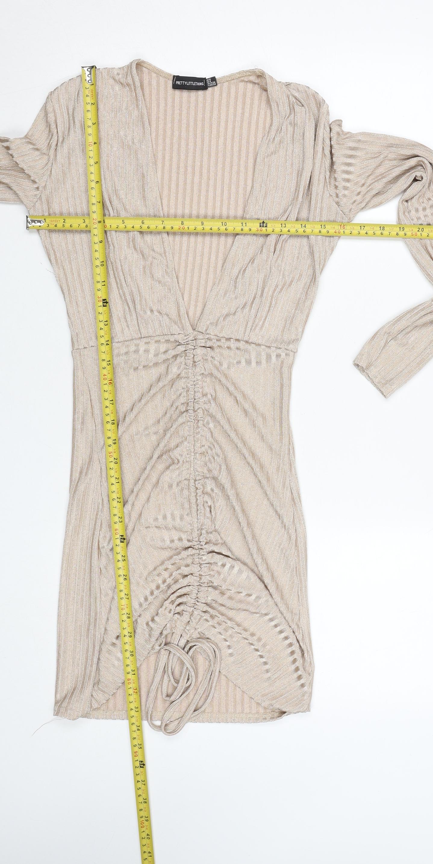 PrettyLittleThing Women’s Beige Ruched Bodycon Long Sleeve Dress Size 8