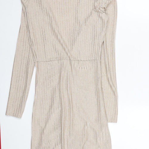 PrettyLittleThing Women’s Beige Ruched Bodycon Long Sleeve Dress Size 8