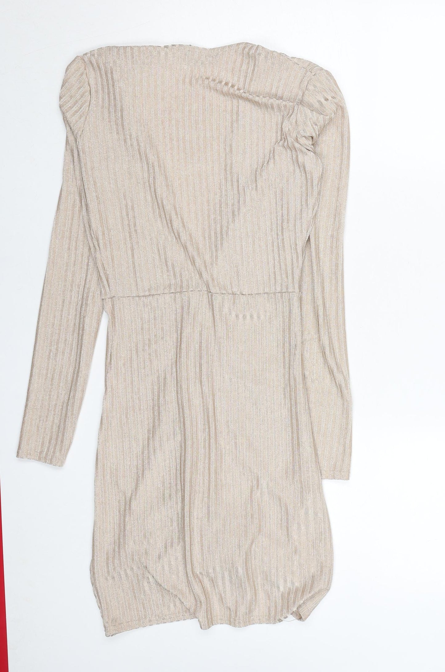 PrettyLittleThing Women’s Beige Ruched Bodycon Long Sleeve Dress Size 8