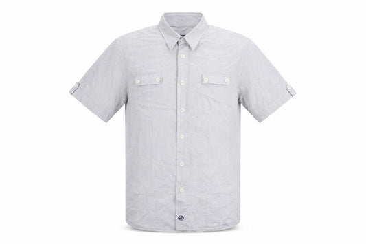 Front view of Peter Werth Men's Blue Striped Short Sleeve Button-Up Shirt L