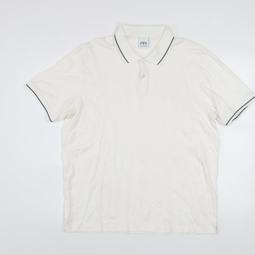 Zara Men's White XL Cotton Short Sleeve Polo Shirt