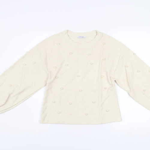ZARA Women Beige Pearl Beaded Knit Balloon Sleeve Jumper Size 12