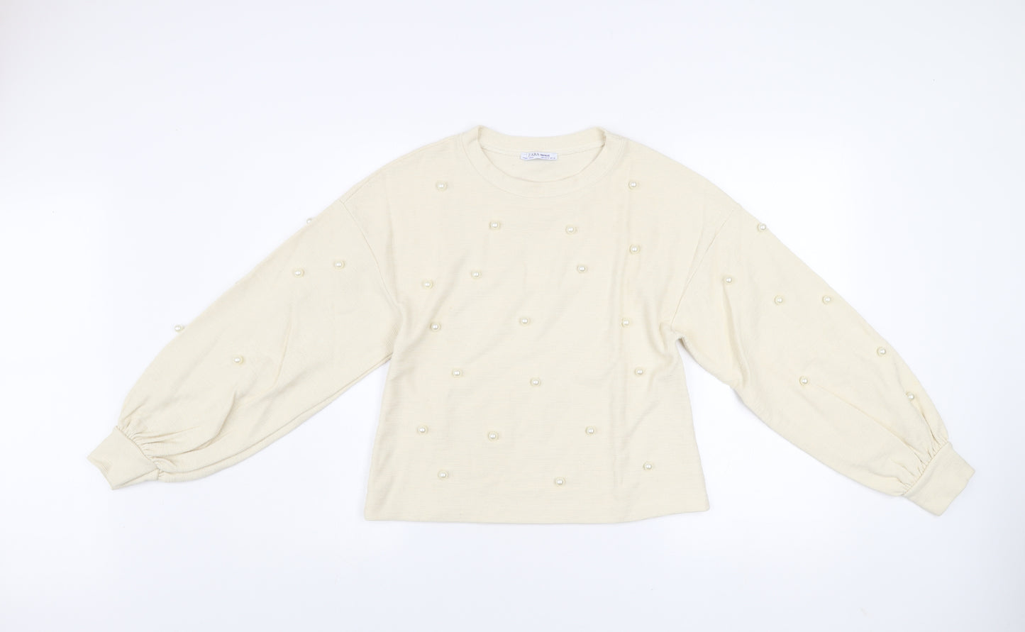 ZARA Women Beige Pearl Beaded Knit Balloon Sleeve Jumper Size 12