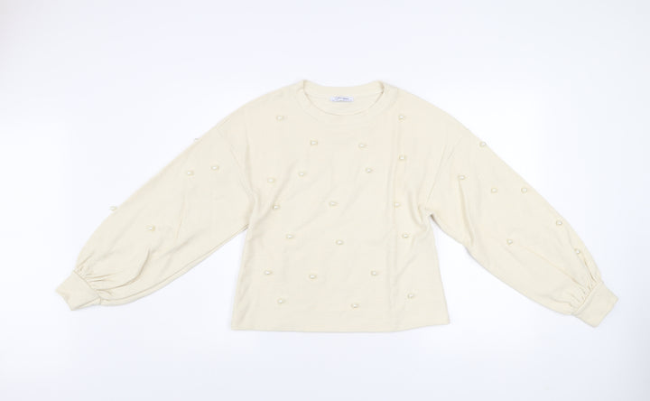 ZARA Women Beige Pearl Beaded Knit Balloon Sleeve Jumper Size 12