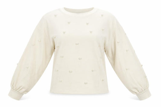 Front view of Zara Women Beige Pearl Beaded Knit Balloon Sleeve Jumper, size 12