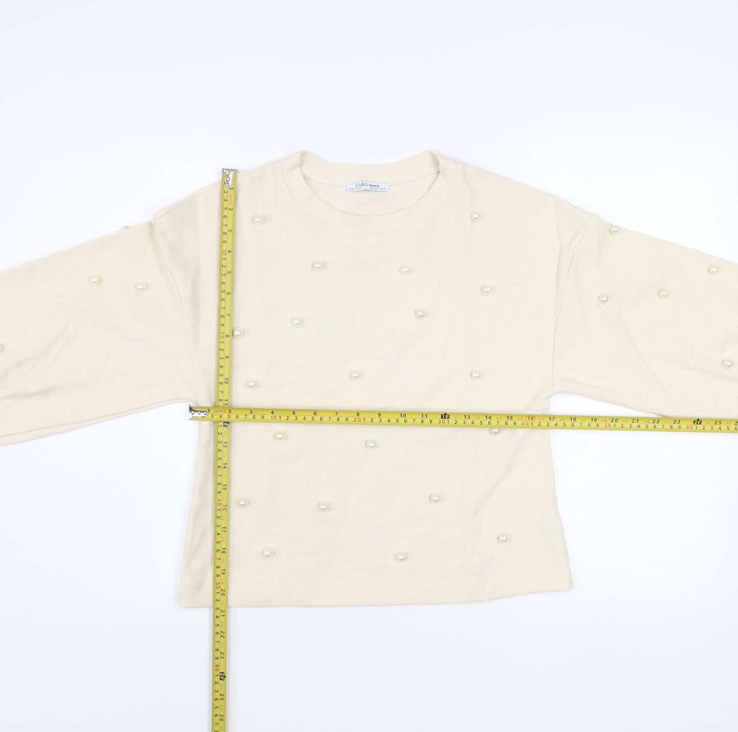 ZARA Women Beige Pearl Beaded Knit Balloon Sleeve Jumper Size 12